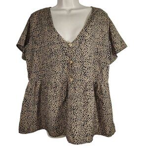 Shein Brown Black Animal Print Babydoll Top V-neck Women Size 0XL 12W Short Slv